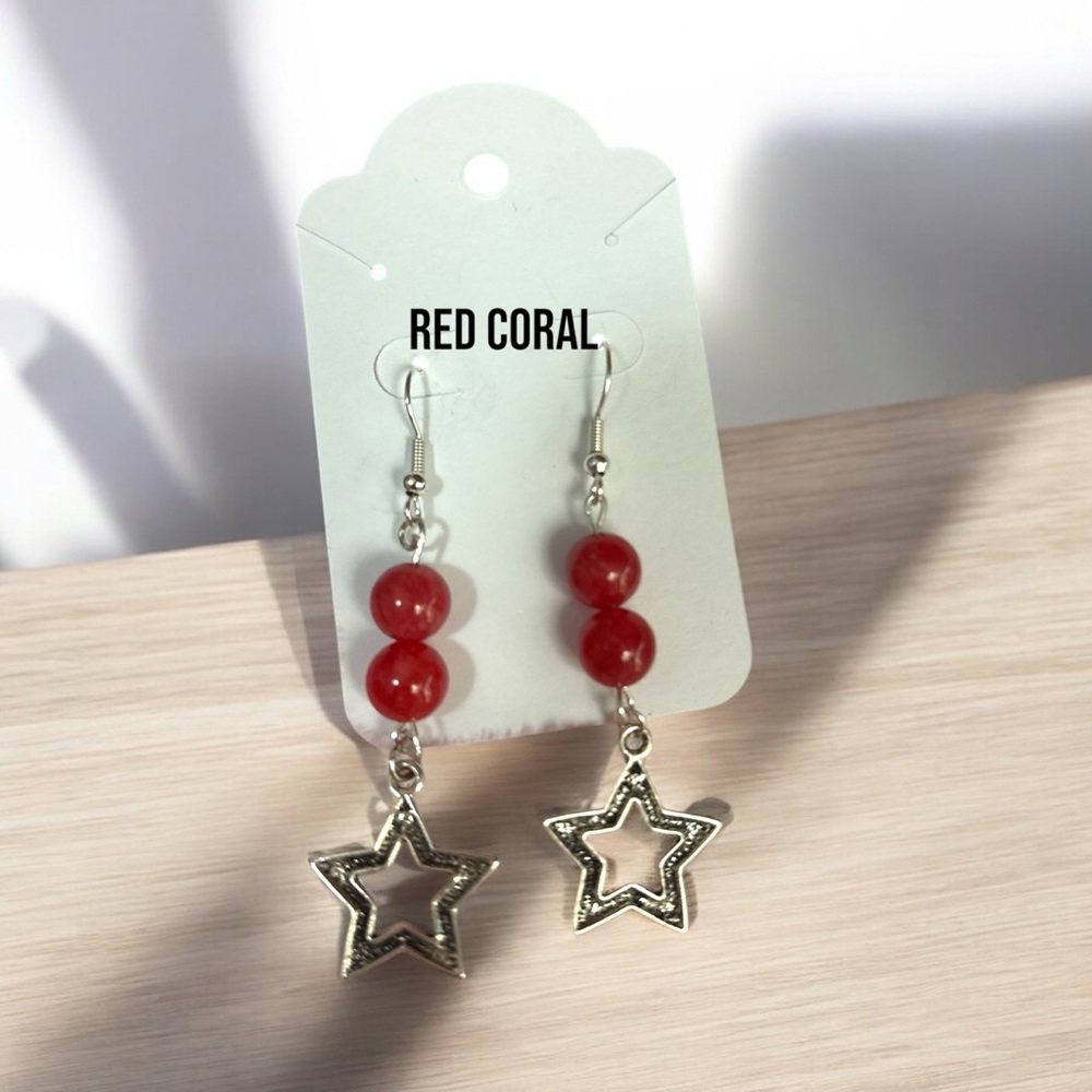 Silver Star Red Bead Earrings